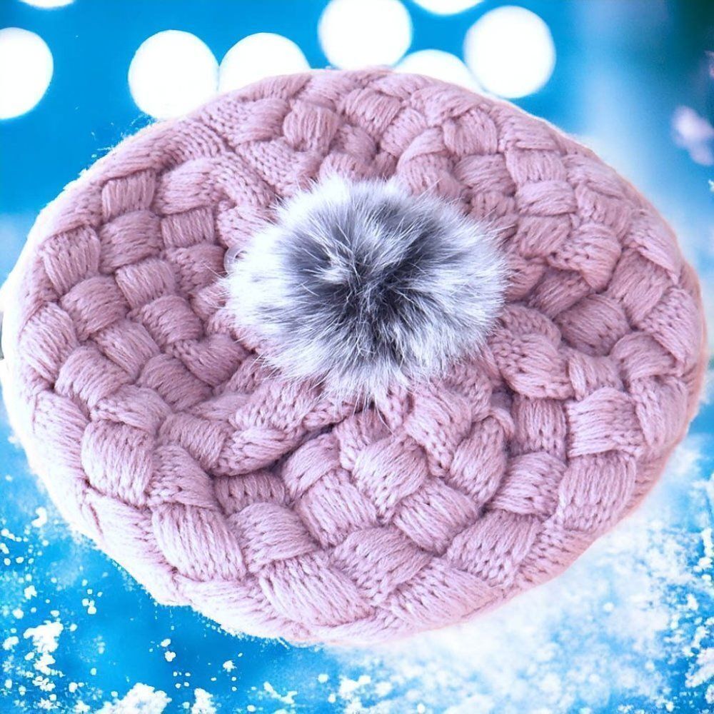 Pink knitted beanie beret with gray white fur Pom-Pom